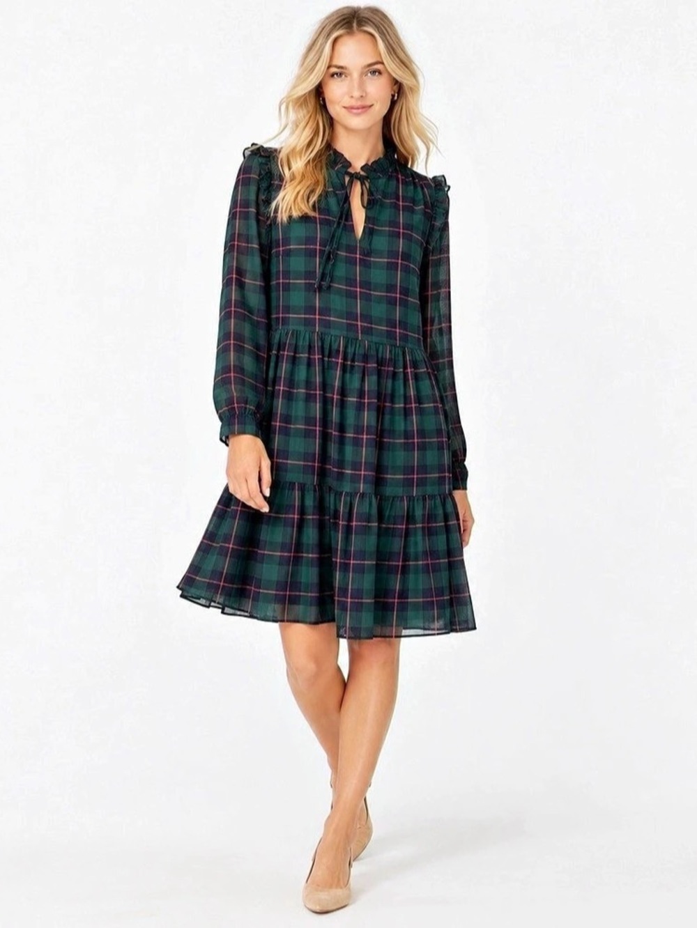 J.Crew Tie-Neck Tiered Dress Black Watch Tartan Plaid Size L AT593